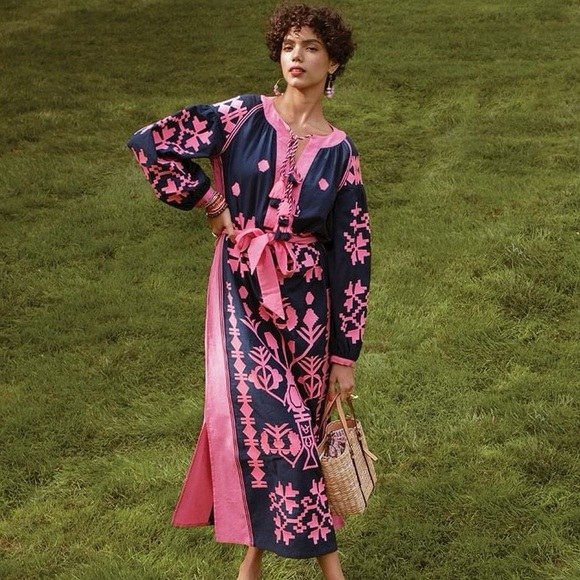 Nwt Frances Valentine Stephanie Embroidered Tunic Dress 1X Maxi navy/pink - Picture 3 of 6